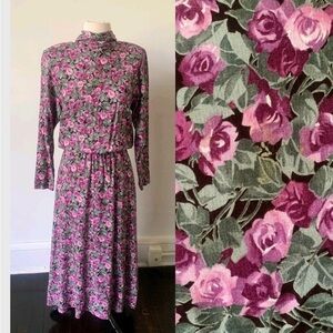 Vintage MockNeck Fit and Flare Floral Midi Dress 1990’s Long Sleeve Grunge Dress